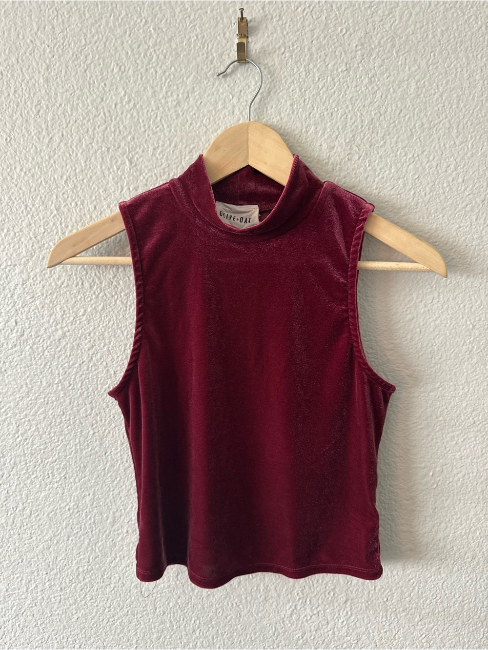 Wine Maroon Velvet Mock Neck Cropped waist cut tank Top by Olive + Oak